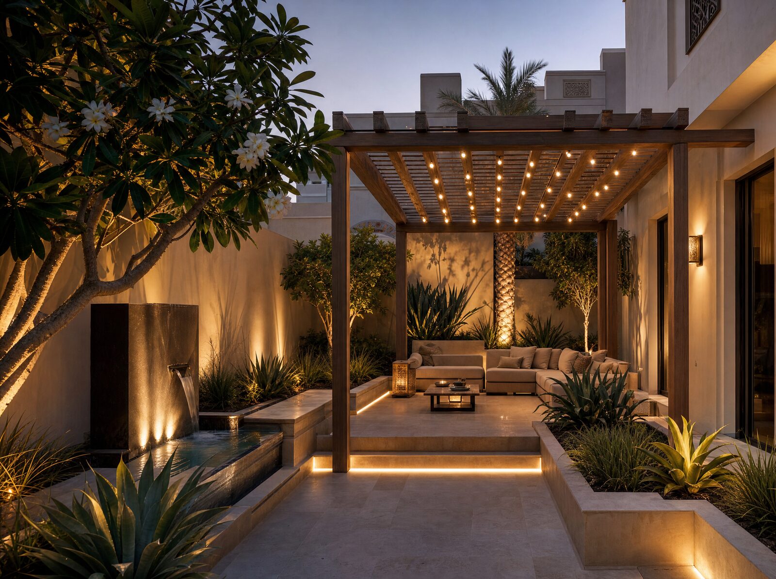 Villa courtyard with pergola and planting at dusk