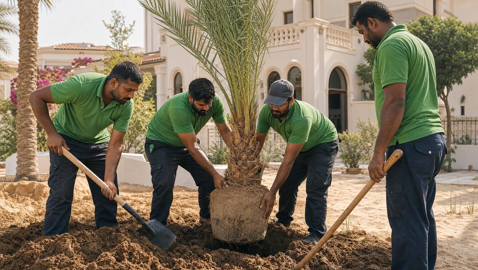Landscaping crew planting a palm