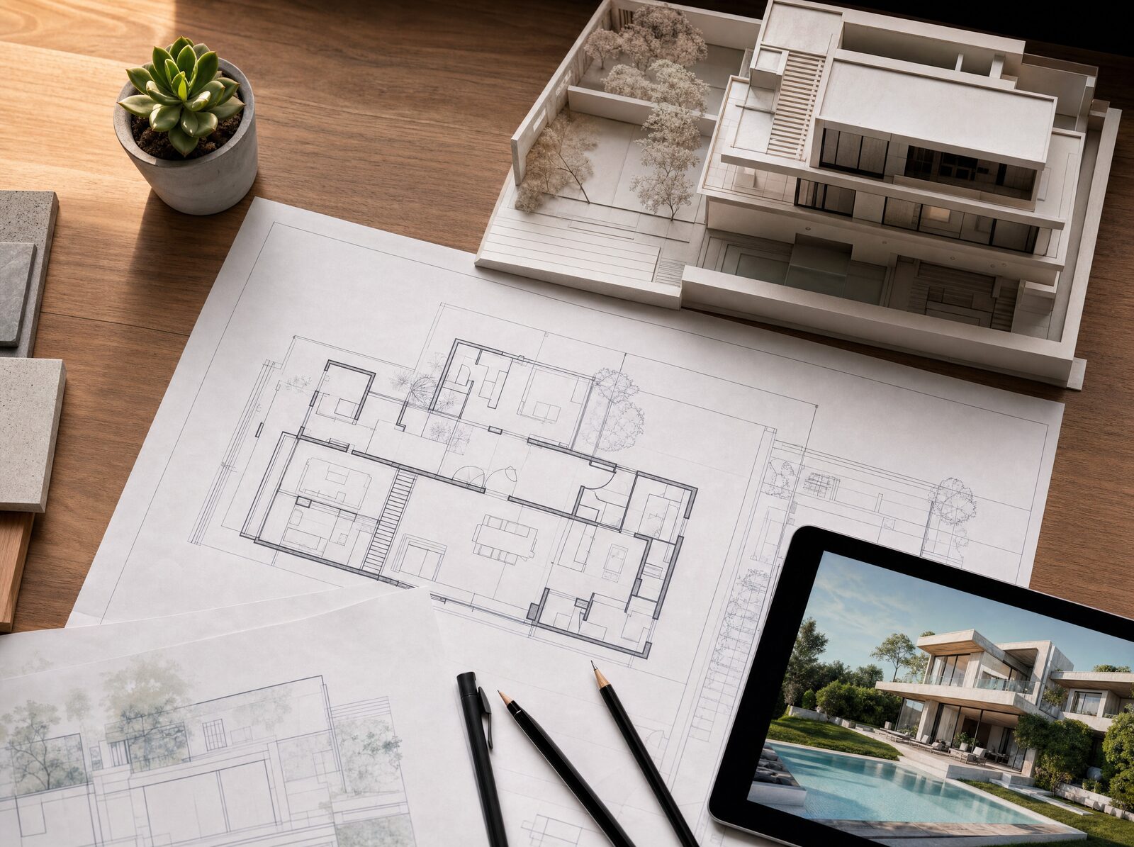 Floor plans and a physical model on an architect's desk