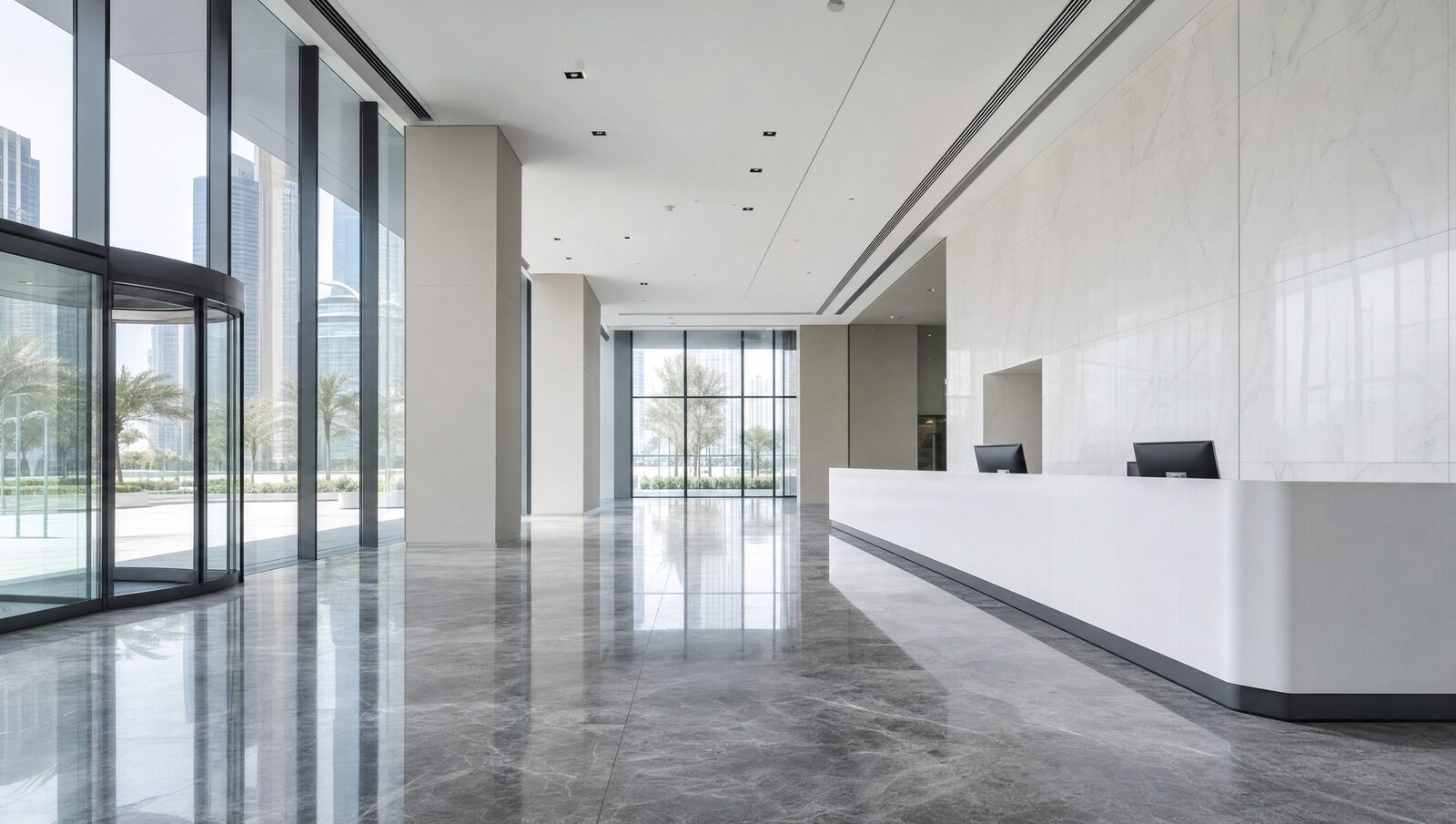 Empty office lobby before plants